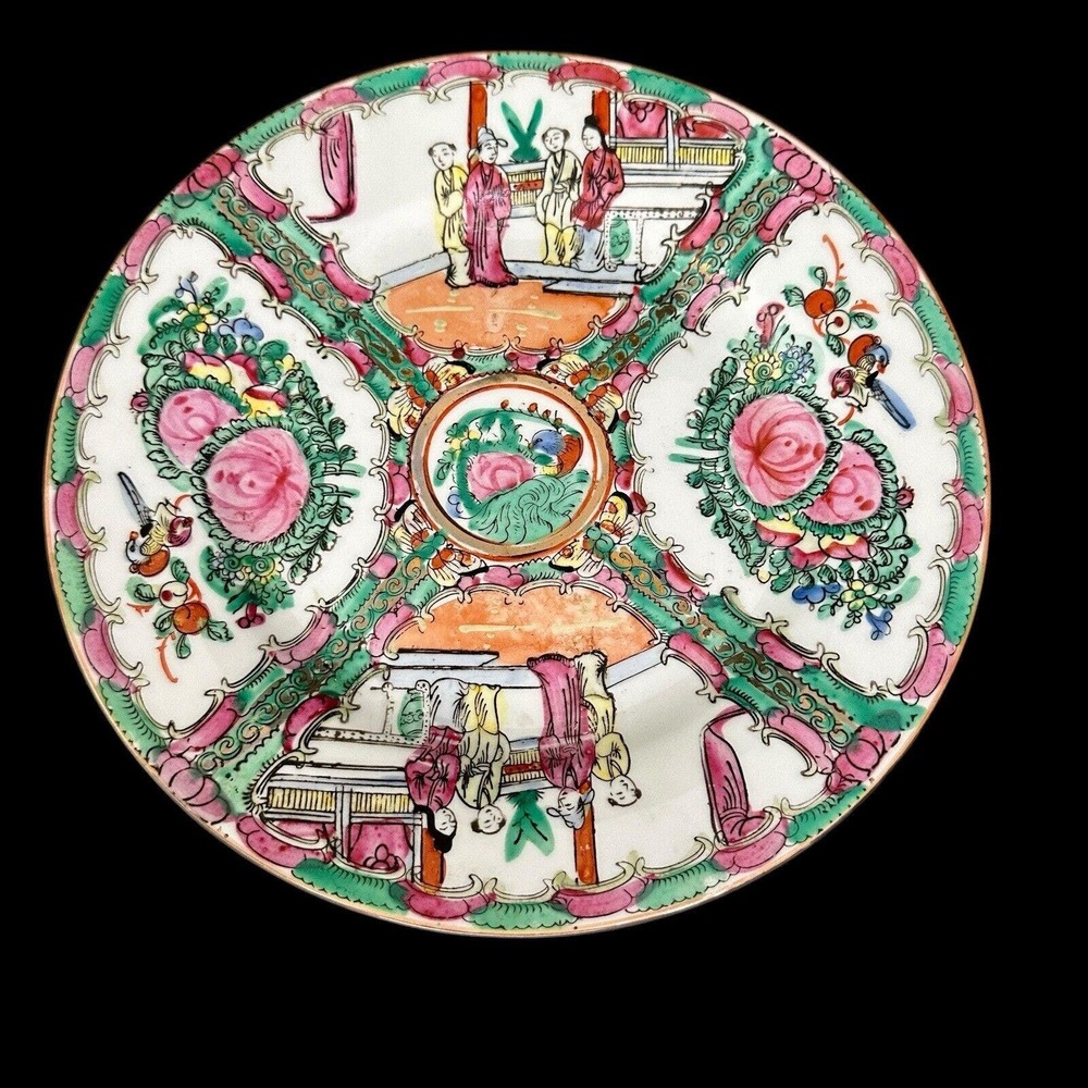 Rose Medallion Famille Porcelain Plate 10” Hand Painted Qing Qianlong Geisha VTG
